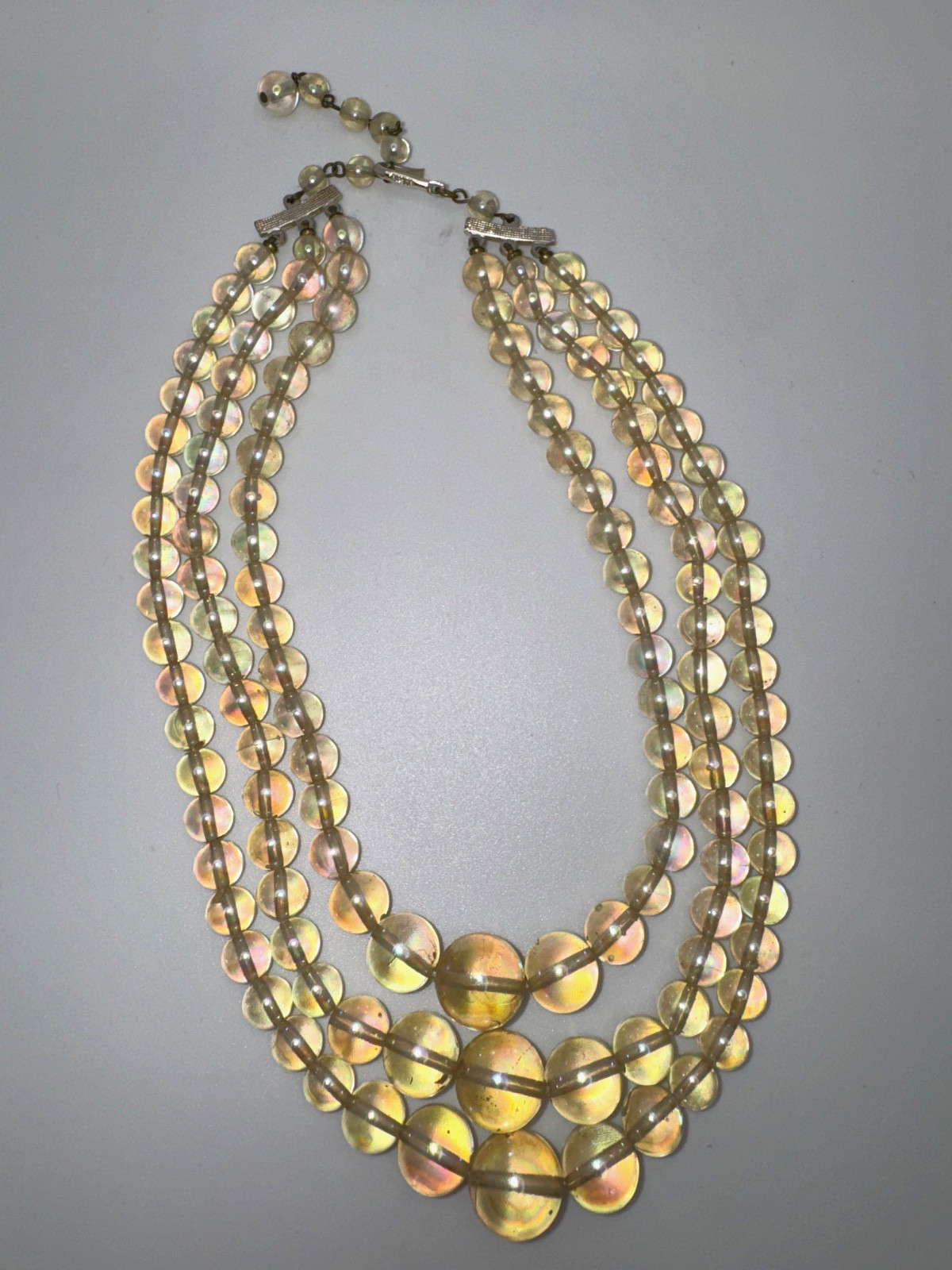 Vintage Iridescent Clear Beaded Necklace 3 Strand Layered Adjustable 11″-14″