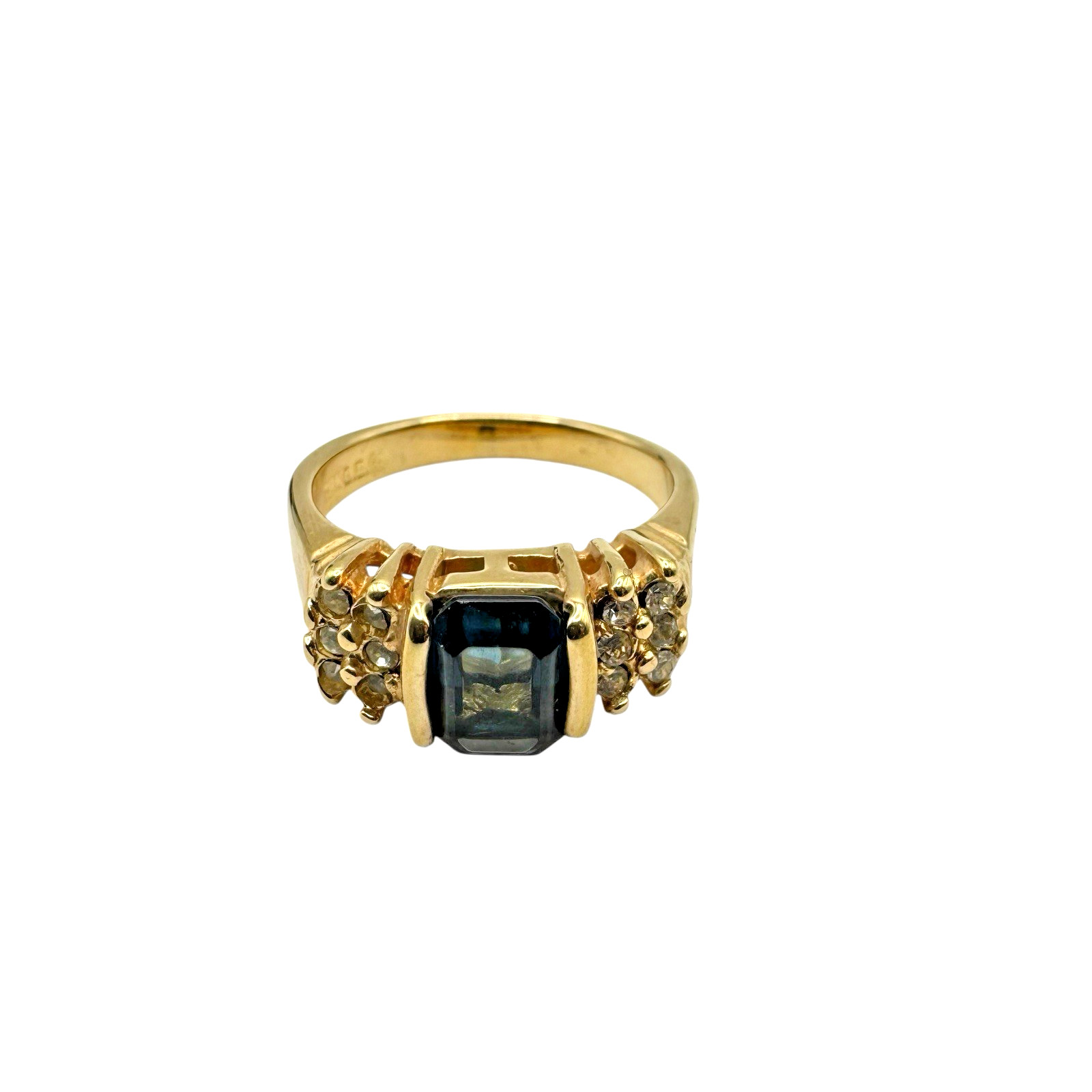 18k GE Ring Gold Electroplate Blue Rectangle w/ small white stones Size 8