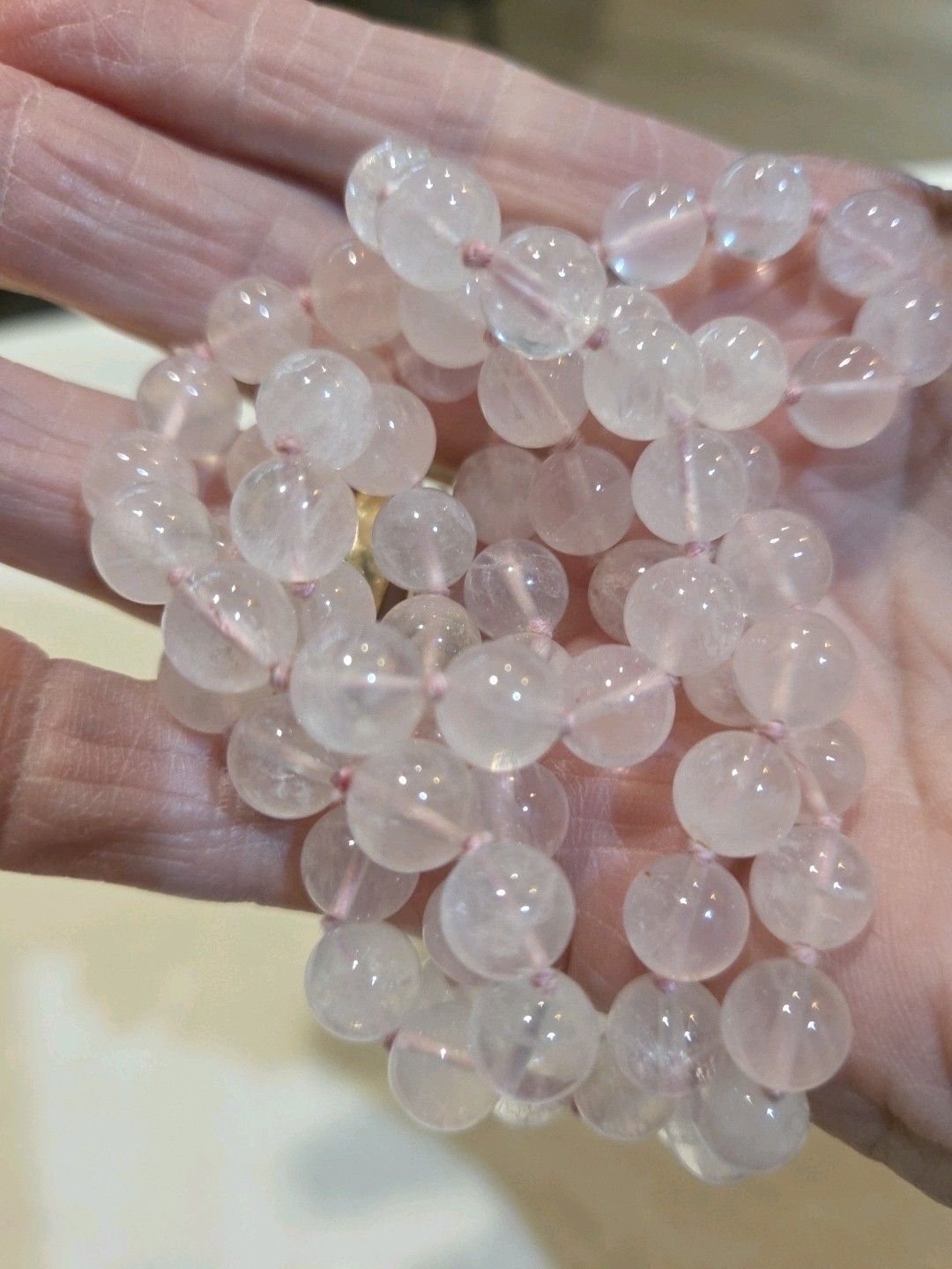 Delicate Vintage rose quartz necklace, continuous strand 31 inches in length.