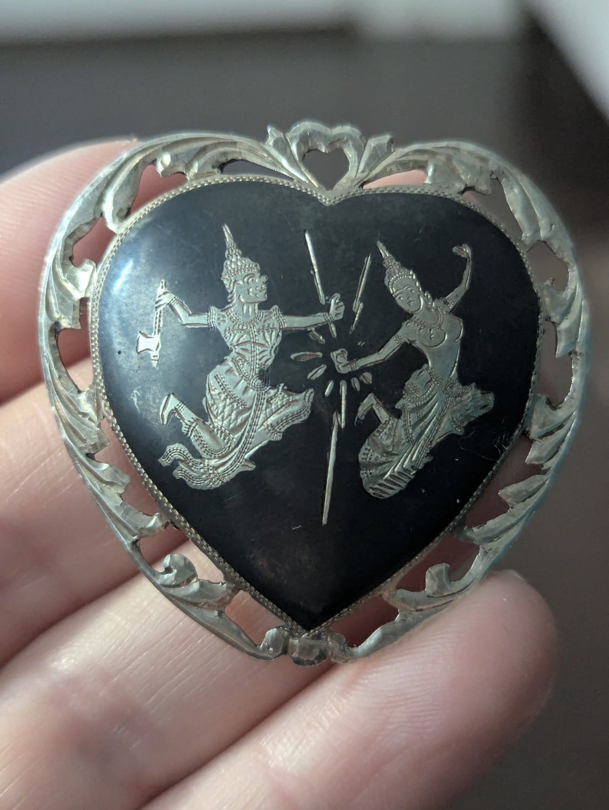 Vintage Siam Sterling Heart Black Niello Brooch Pin Lightning Goddess Love Art