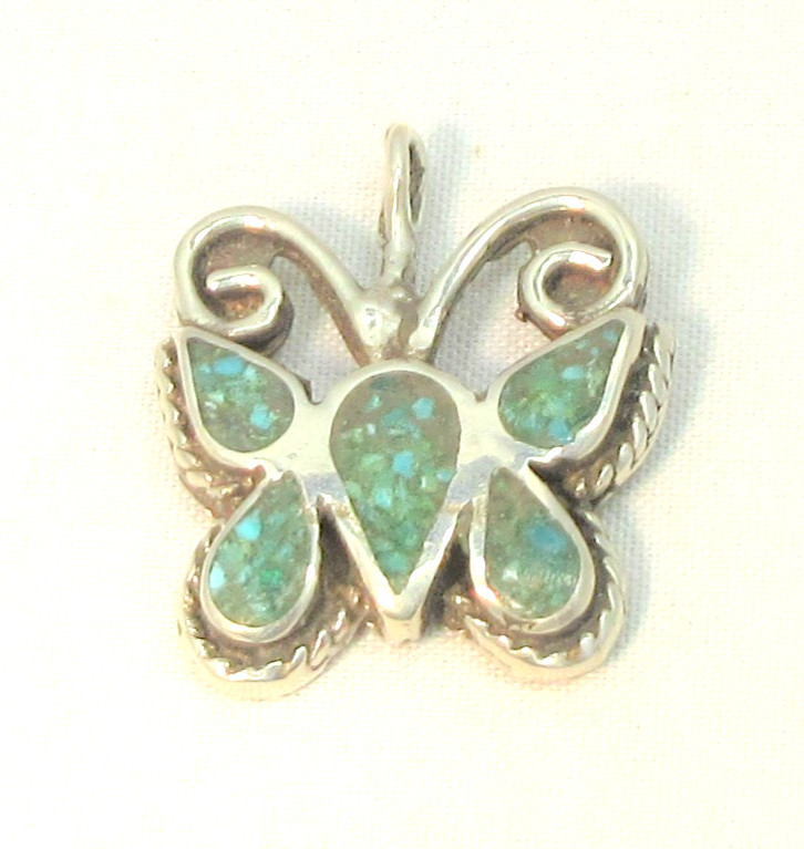 Vintage Sterling Silver Turquoise Chip Inlay Butterfly Necklace Pendant #7