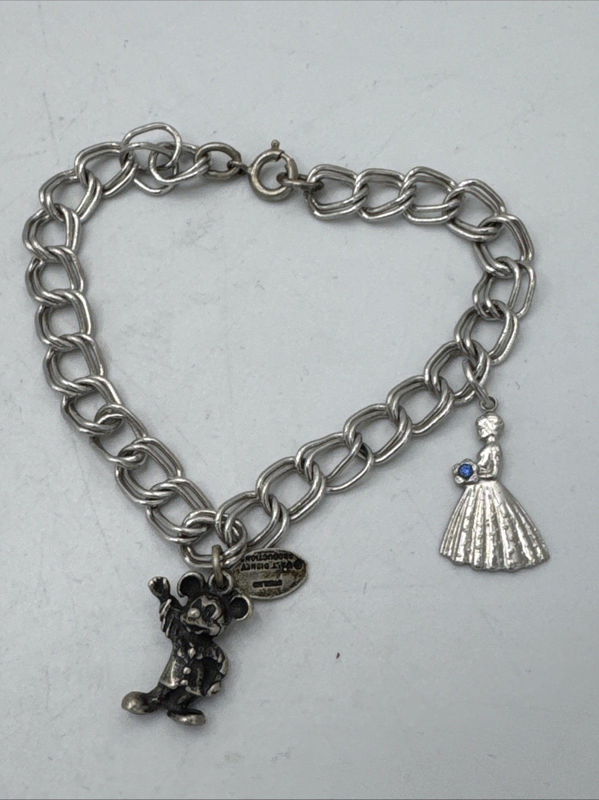 Vtg Sterling Silver 925 Double Link Chain Disney Micky Mouse Charm Bracelet 6.75