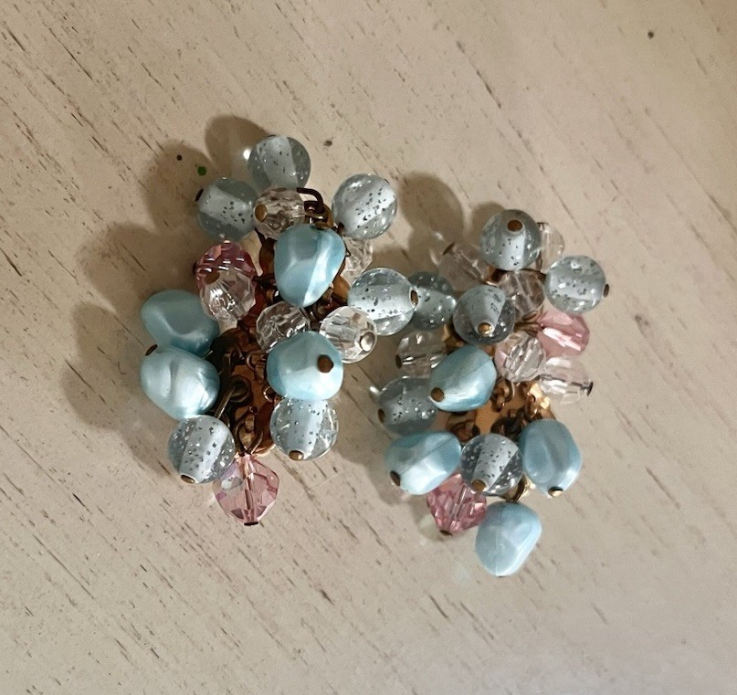 Vintage Aqua Light Blue Pink Beaded Cluster Crystal Clip On Statement Earrings