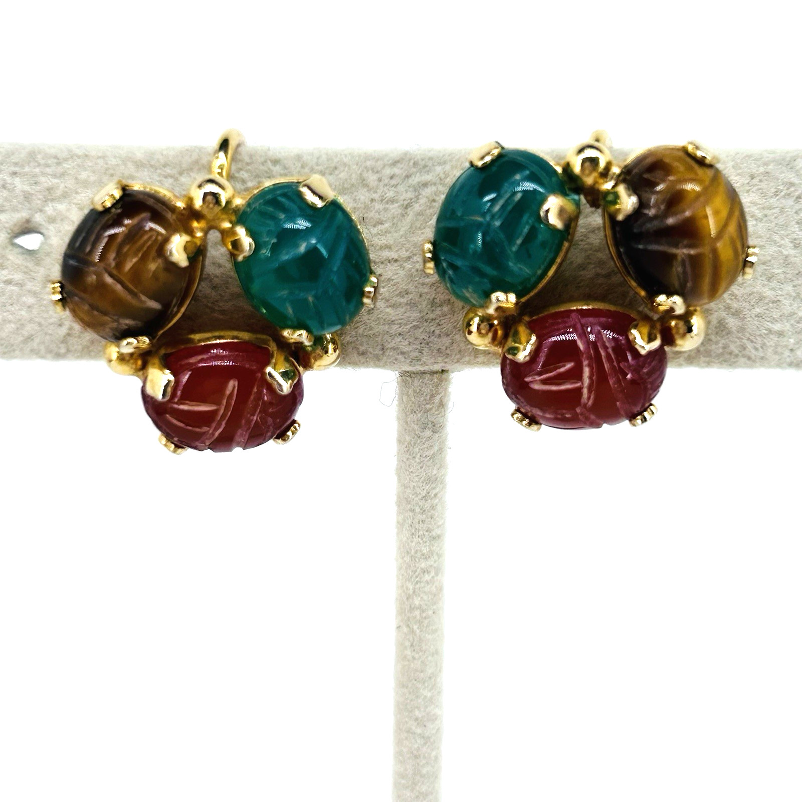 12K Gold Filled VTG Burt Casell Screw Back Earrings Jade Carnelian Tiger’s Eye