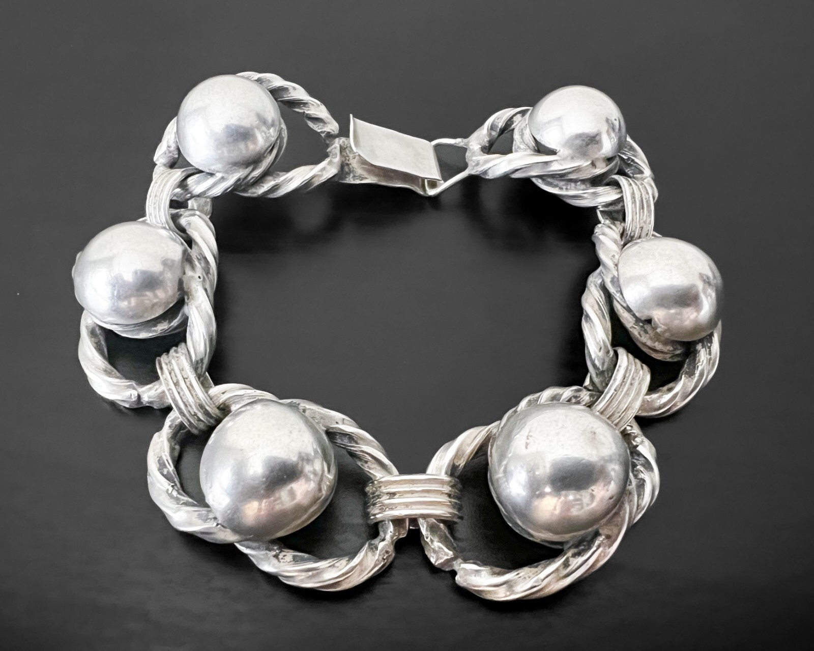 55g Sterling Vtg Modernist Bead Ball Wire Cable Dome Design Panel Link Bracelet