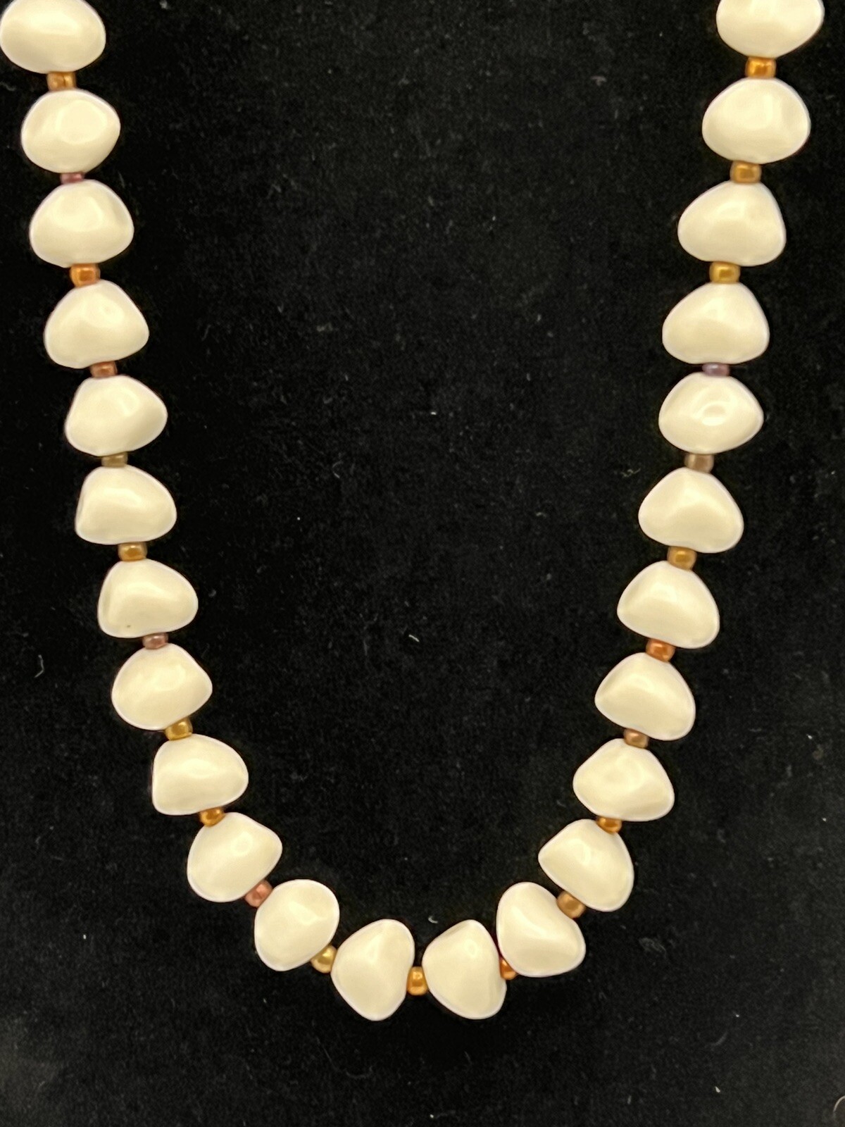Vintage White Beaded Necklace String of Beads Gold Accent In Between Rock Shaped