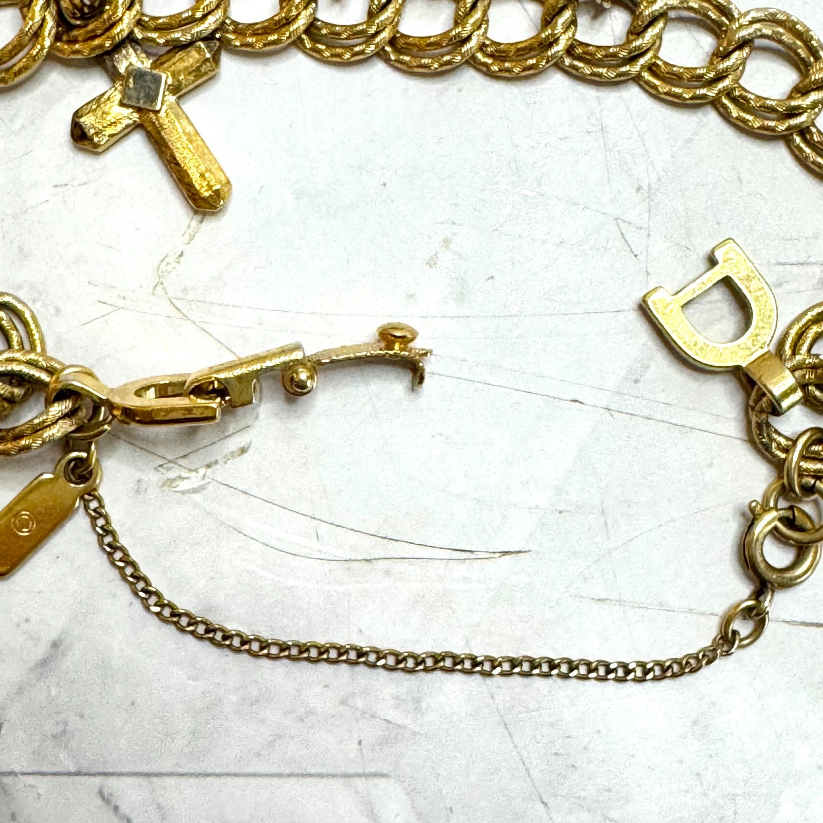 Vintage Monet Charm Bracelet Gold Tone Double Link 6 Charms Globe Kitten Cross