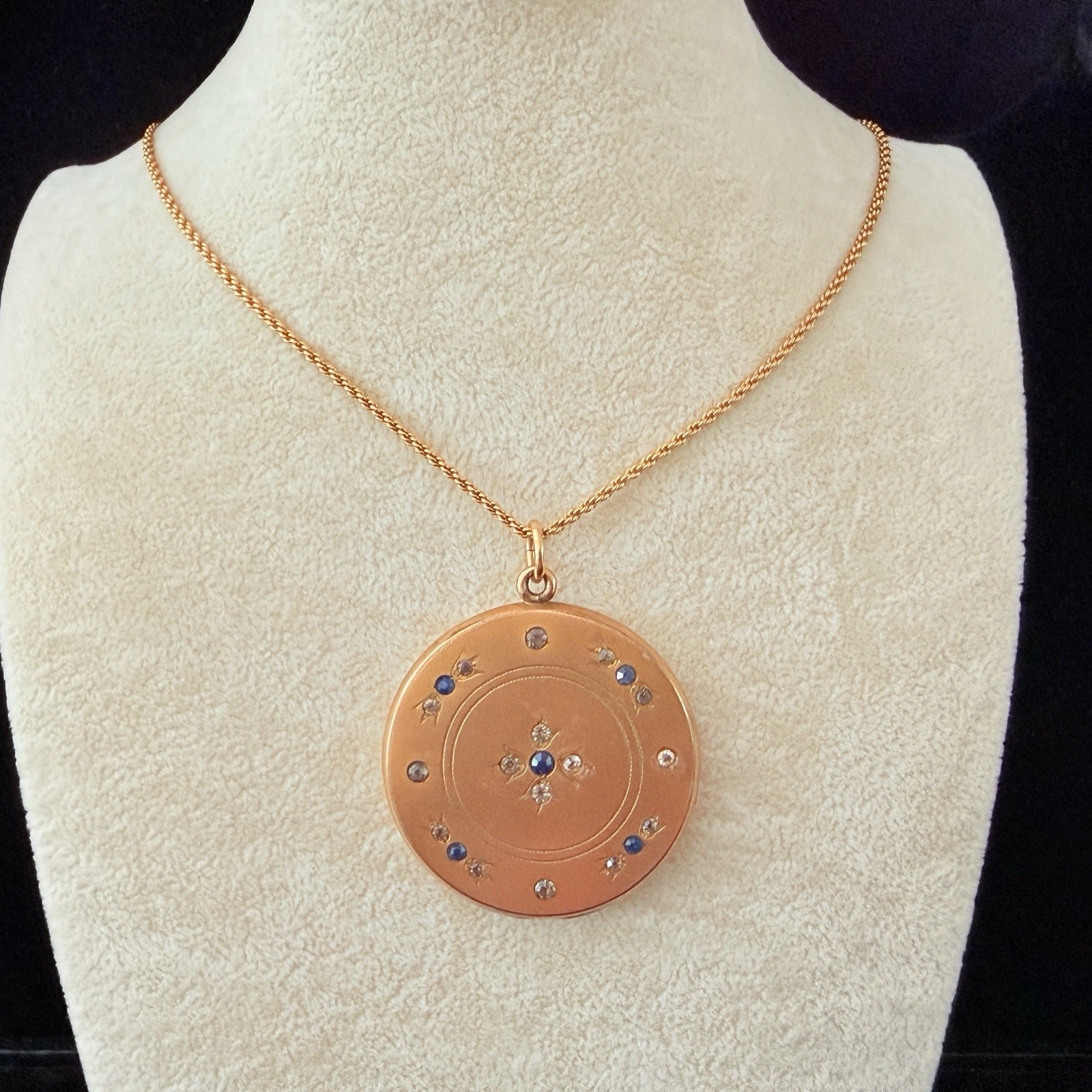 VICTORIAN W&H WIGHTMAN & HOUGH BLUE PASTE STONES GF STARBURST NECKLACE-21″