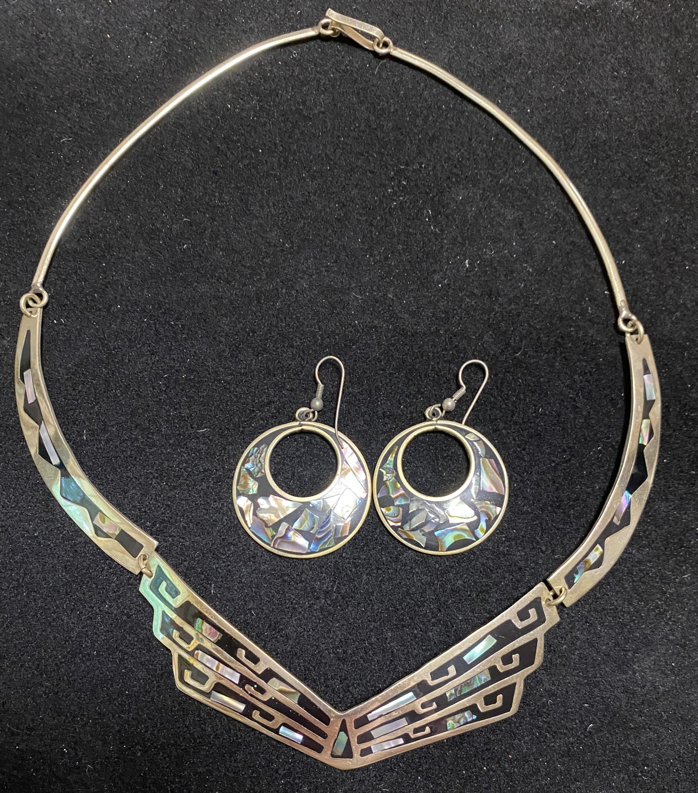 Vintage Alpaca Mex. Abalone Shell Necklace & Earring Set