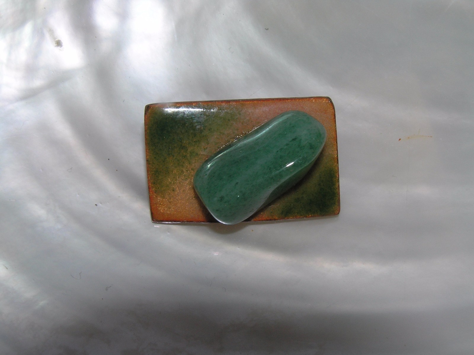 Vintage Handmade Small Orangish Brown & Green Enamel Copper Rectangle with Stone