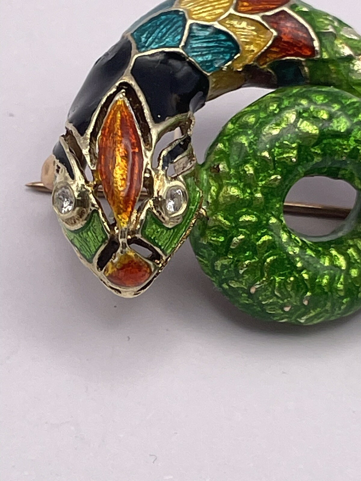 Vintage 14k Solid Gold Enameled Snake Brooch-pendant,Natural Diamond Eyes,21.4g