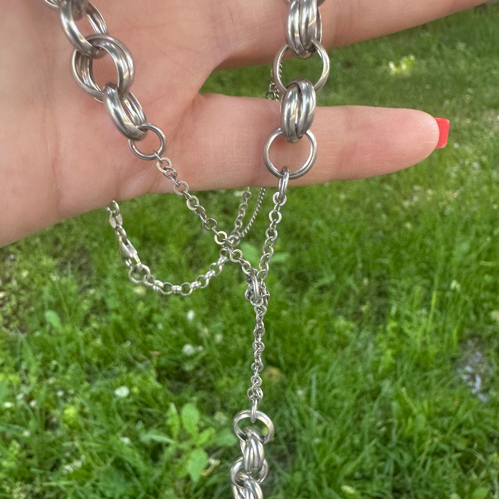 Vintage Italian Sterling Silver Lariat Double Link Rolo Chain Statement Necklace