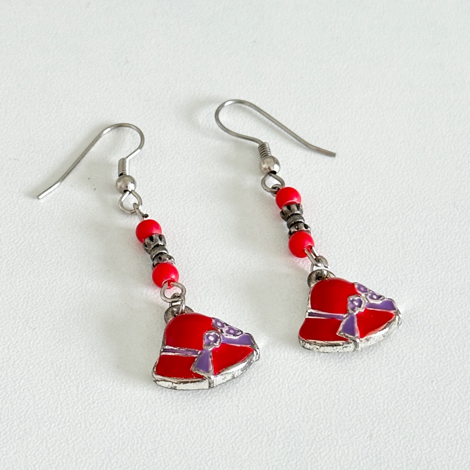 Vintage Red Purple Enamel Floral Bonnet Hat Silver Tone Pierced Drop Earrings