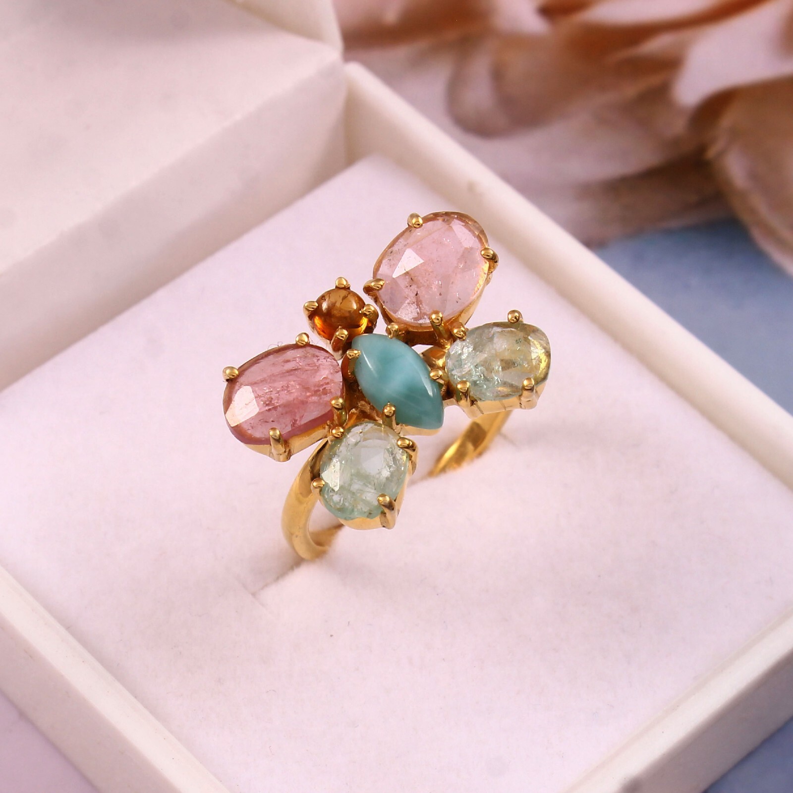 Natural Tourmaline & Larimar Butterfly Ring 925 Sterling Silver Handmade Ring