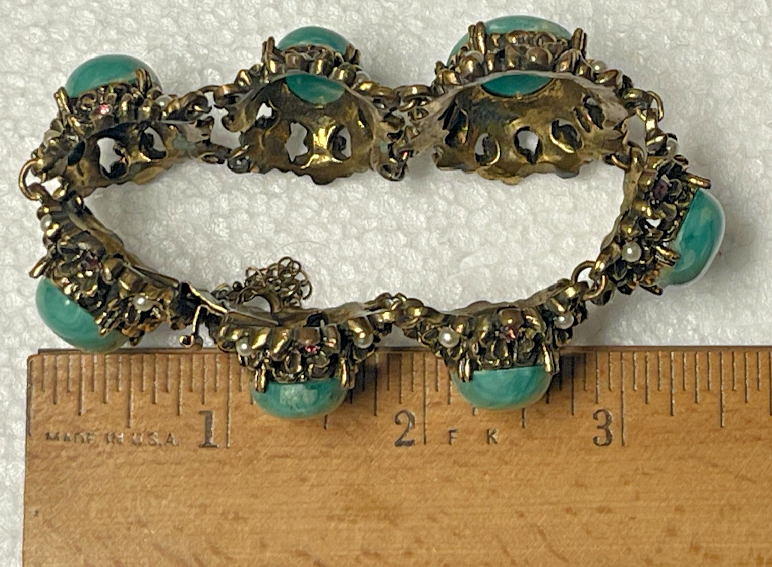 Vintage Selro or Selini Teal Green Faux Pearl Cabochon Chunky Link Bracelet