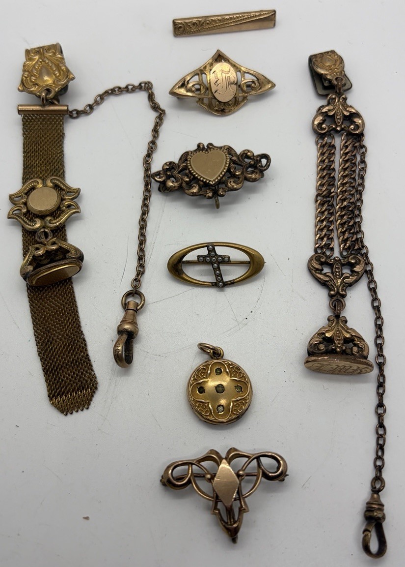 LOT Of 8 Antique Gold Filled Watch Chains Fob, Locket, Brooch, Pendant
