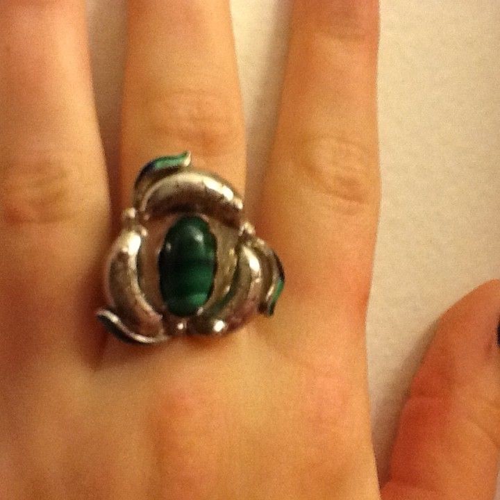 Ring & Earrings Vintage Sterling Silver Green Malachite and Enamel Jewelry Set