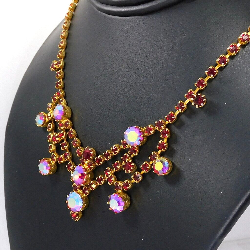 Vintage Signed Austria Crystal AB Red Rhinestone Prong Set Bib Collar Necklace