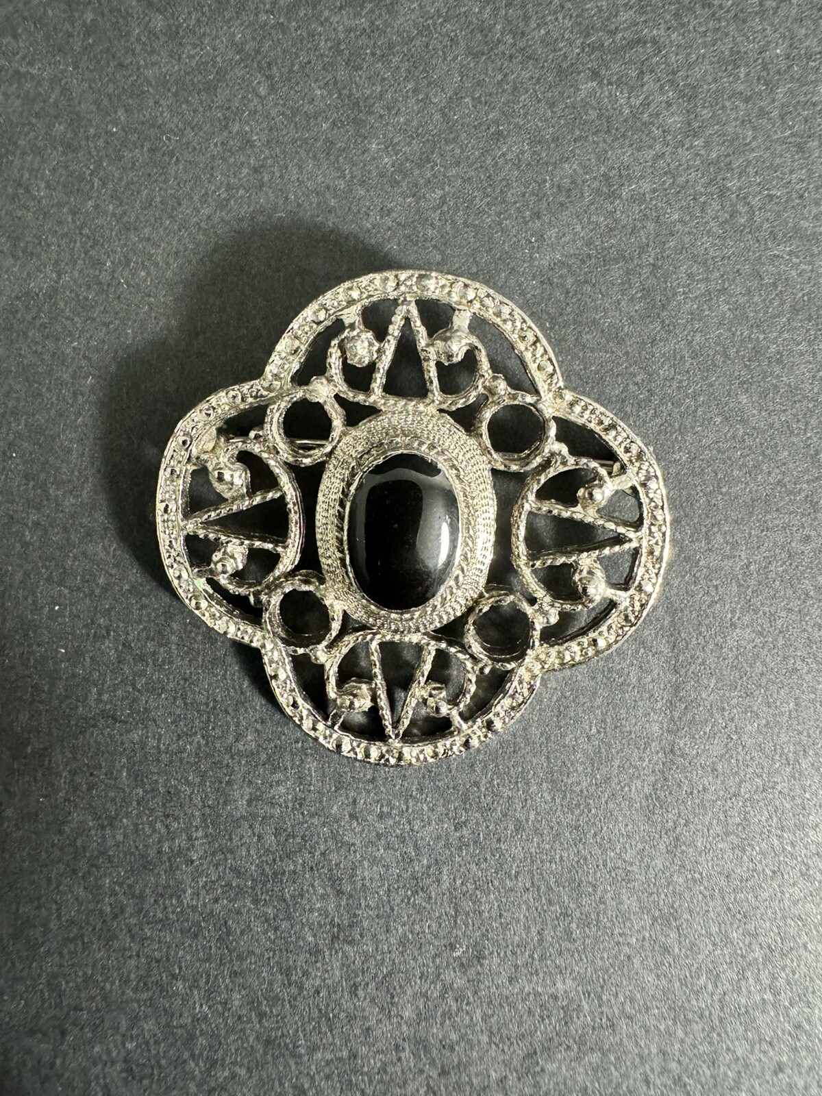Vintage Brooch Silver Tone With Black Oval