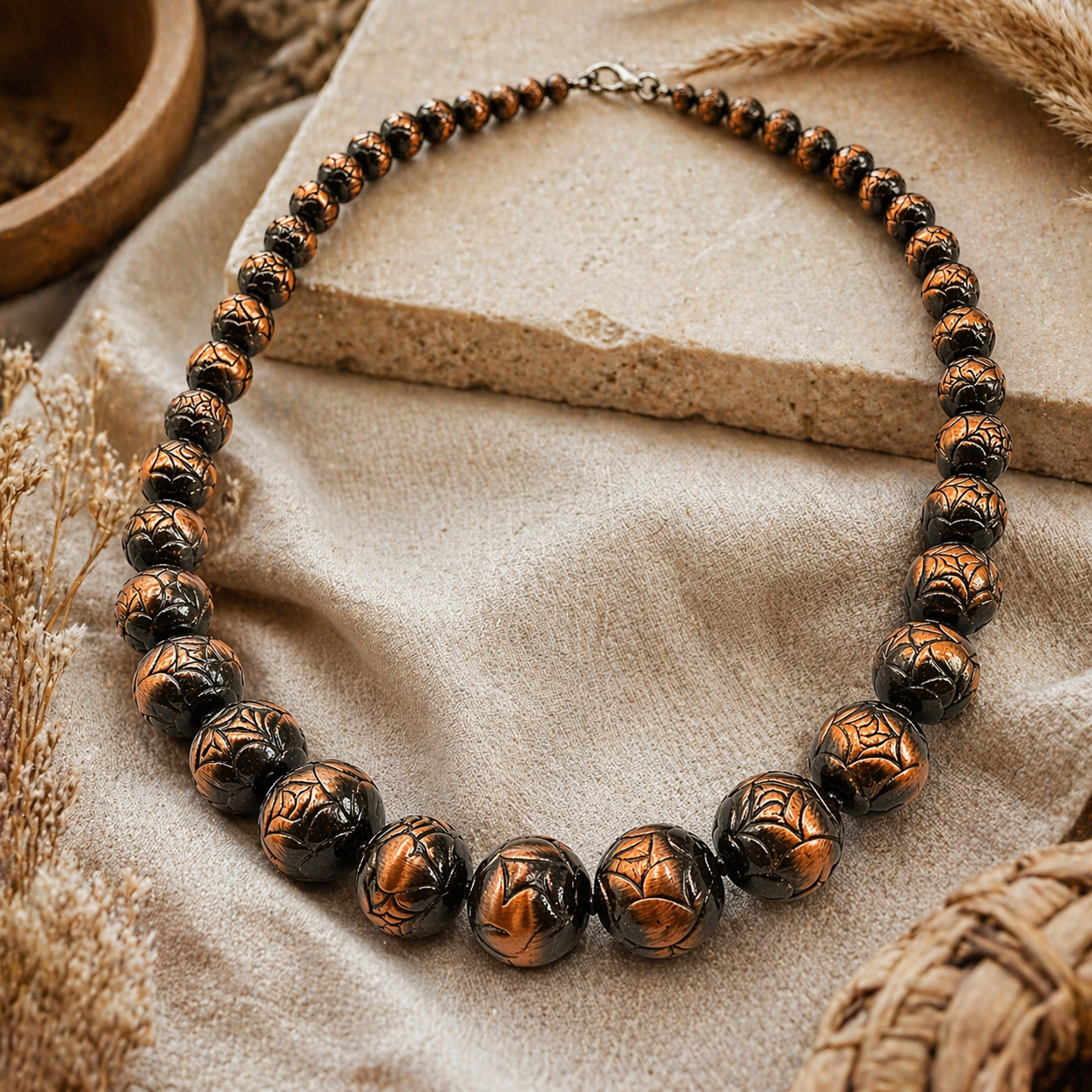 Vintage Brass Carved Bead Necklace Chunky Boho Statement Copper Tone 22″