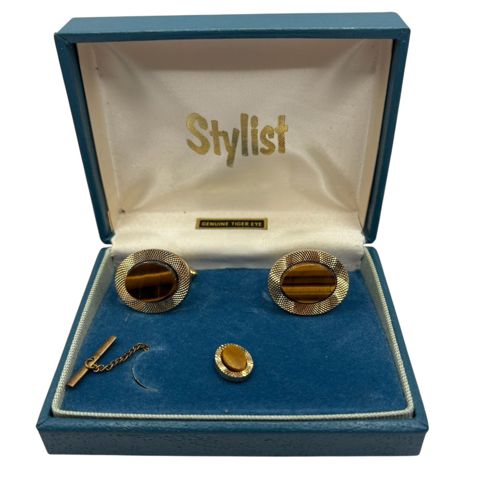 La Mode Genuine Tiger’s Eye Cuff Links & Tie Clip Set In Box Gold Tone Vintage