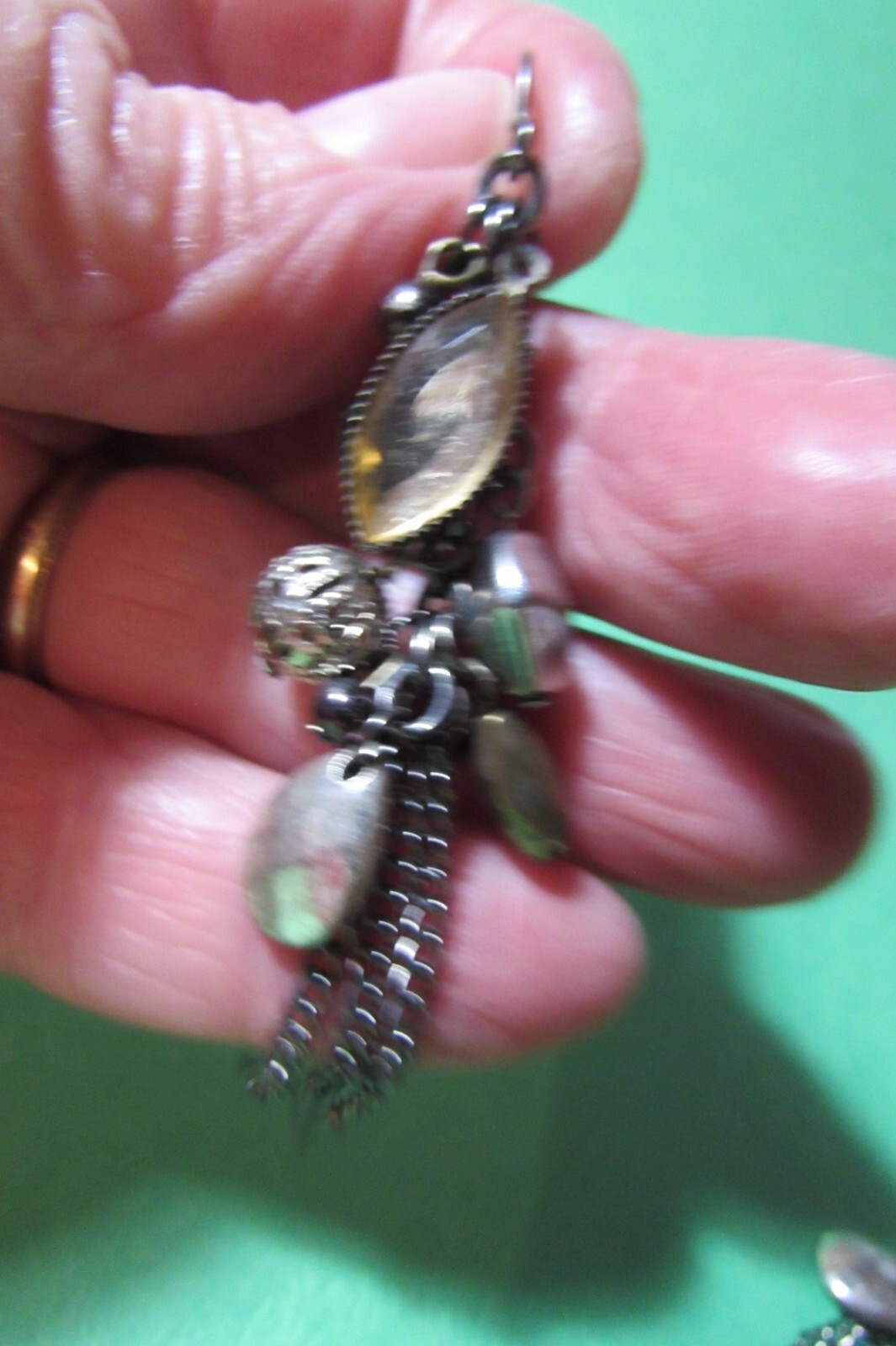 VINTAGE pierced earrings – silvertone/black/amber color metallic – about 3″ long