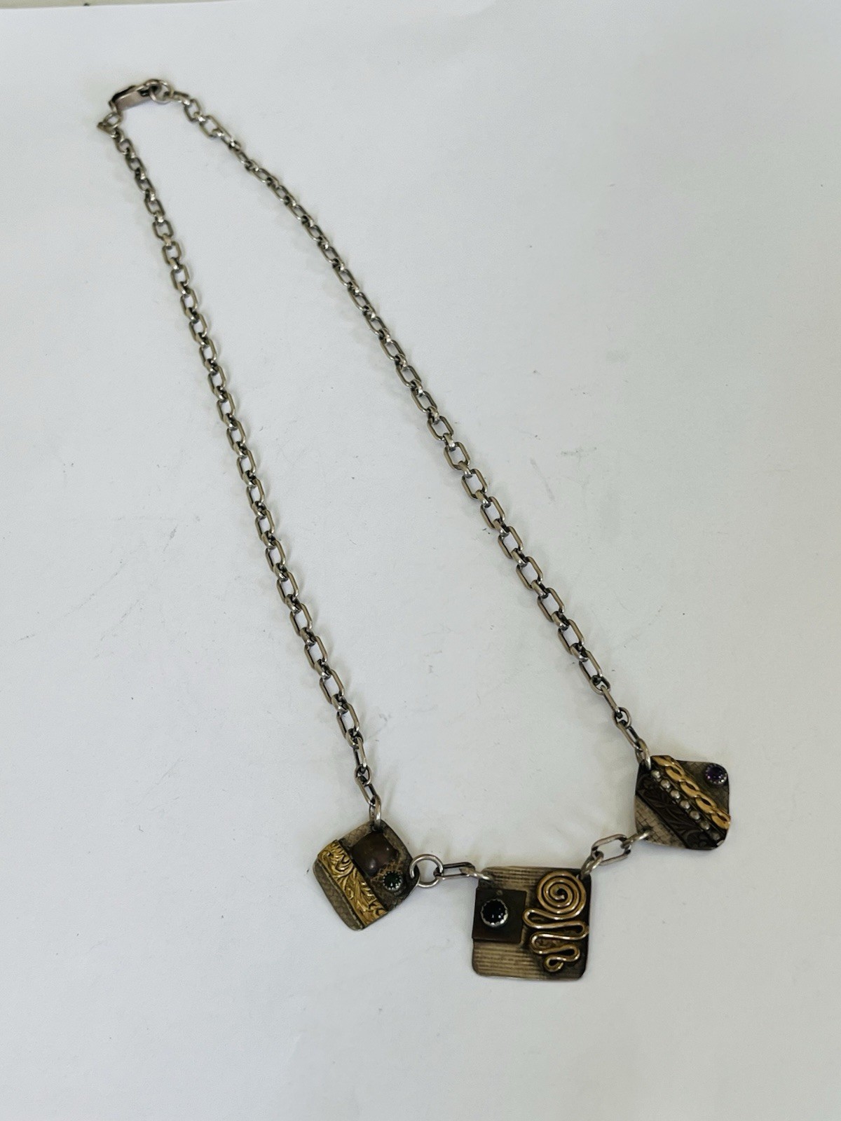 Vintage Signed MA Modernist Mixed Metal Sterling Silver Stone Link Necklace 20”