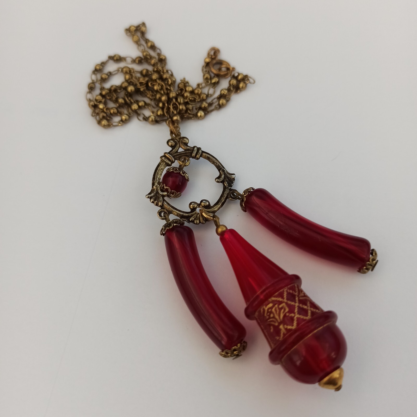Vintage Red Necklace Rosary Beaded Tassel Long Lucite Art Deco Revival 23″ Boho