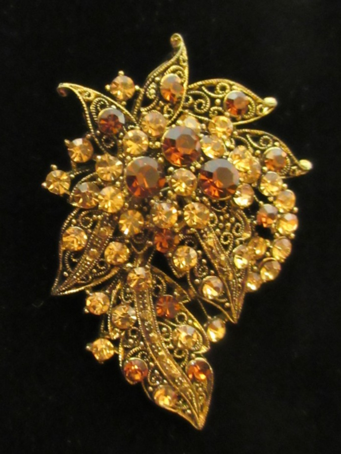 Vtg Gold Tone Cannetille Amber Orange Cream Rhinestone Brooch Pin Pendant