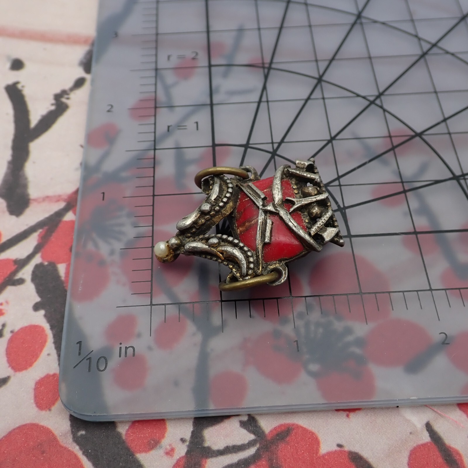 Vintage Fu Manchu Red Art Glass Caged Bronze Tone Clip Earrings