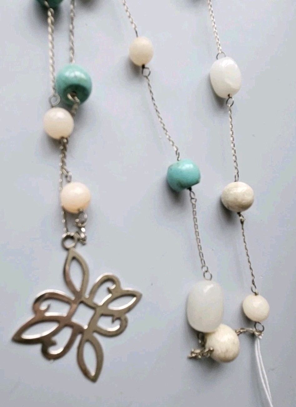 Sterling Silver HandPicked Necklace 925 Medallion Chain Semi Precious Stones 34″