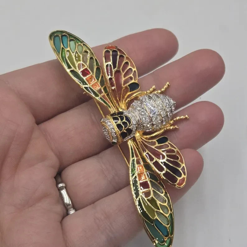 Joan Rivers Plique-a-Jour Stain Glass Cicada Bug Crystal Signed Pin Brooch