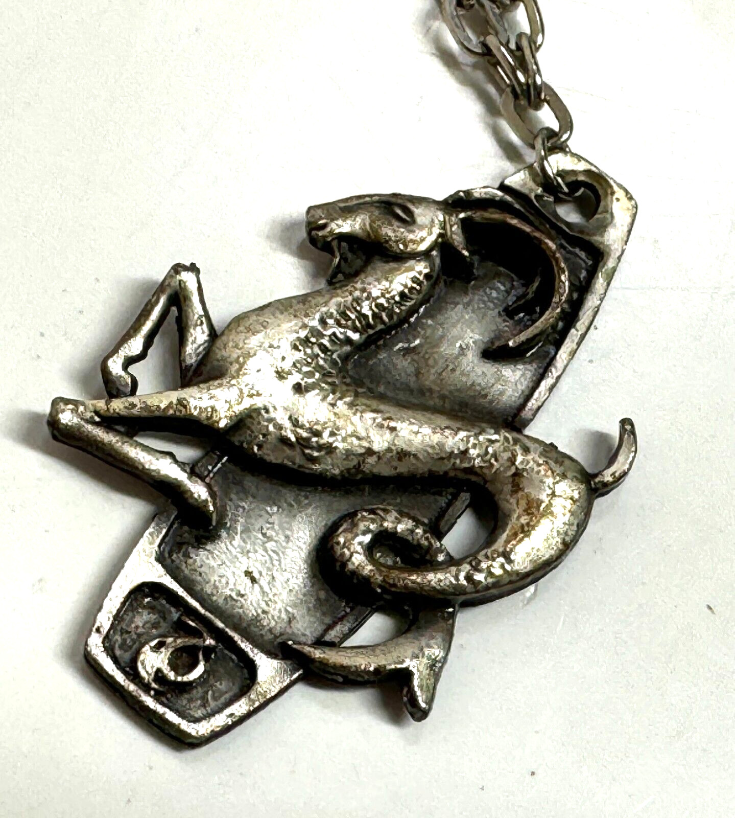 Vintage Cast Pewter? White Metal Capricorn Astrology Sea Goat Pendant Necklace