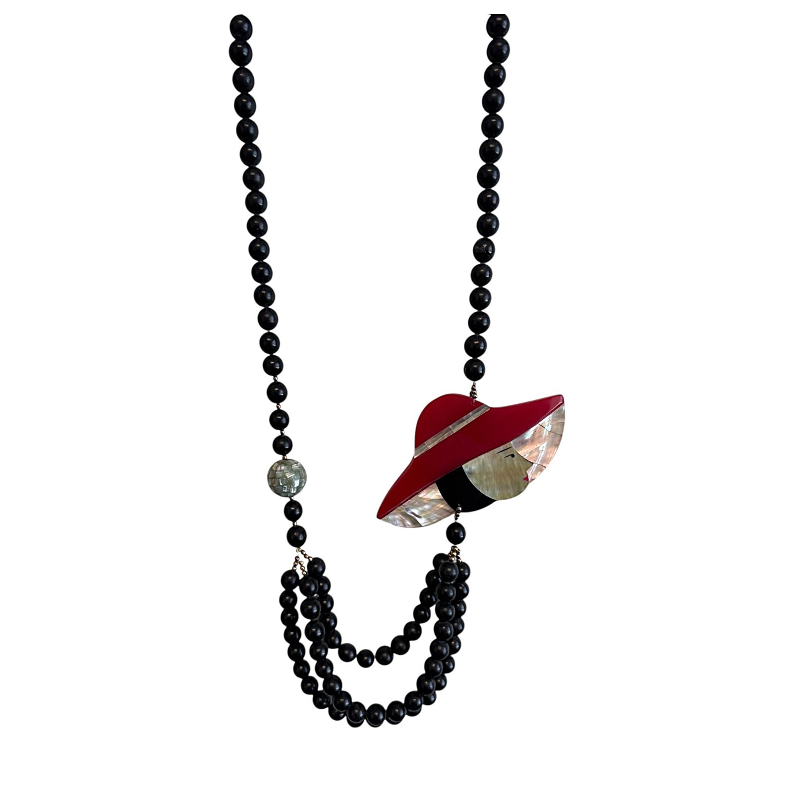 Vintage Lee Sands LS Inlaid MOP Lady in Red Hat Necklace Black Beads 13″ Figural