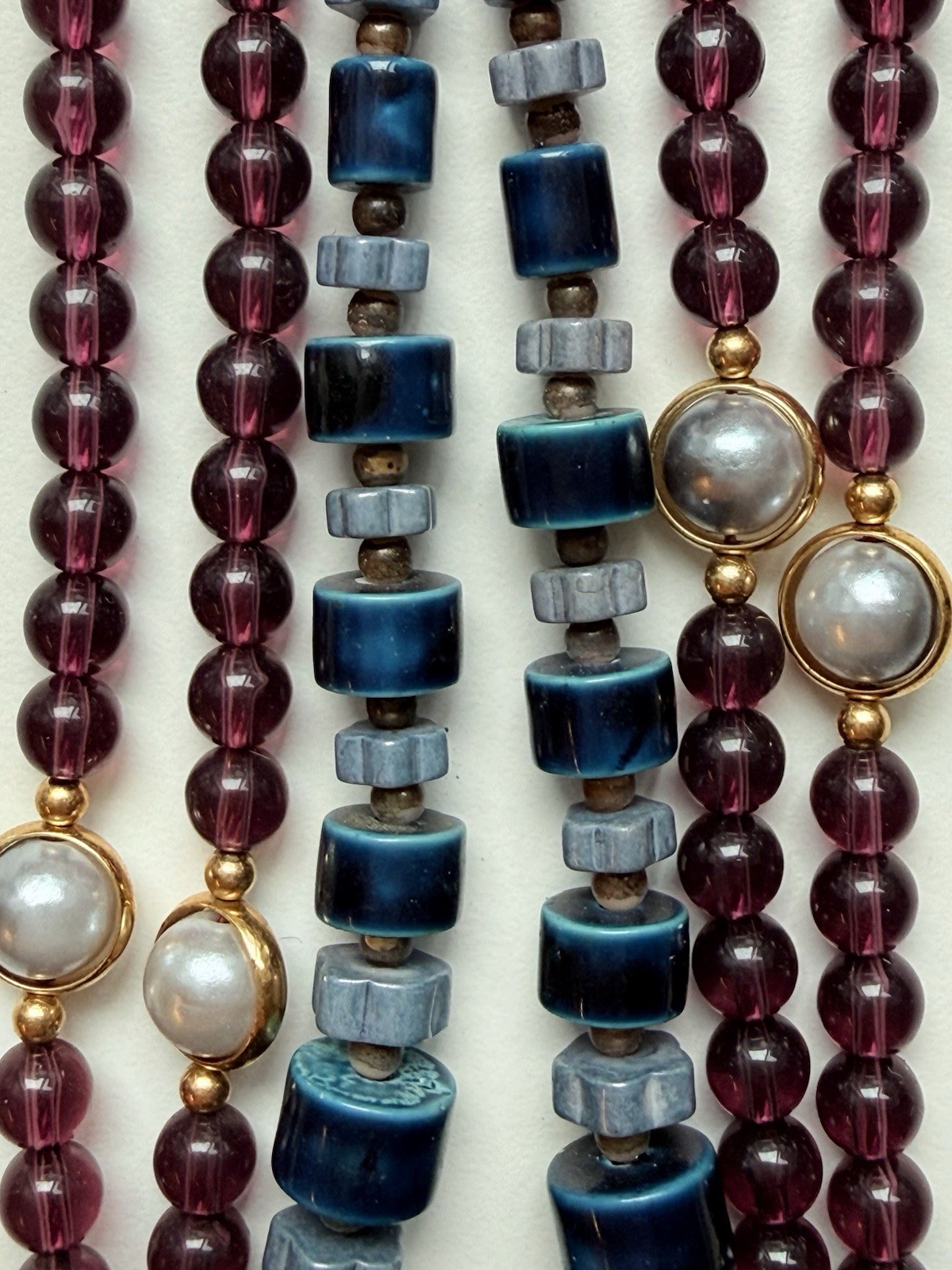 Two Vintage Necklaces, Blue Porcelain and Purple with Faux Pearls (3308)