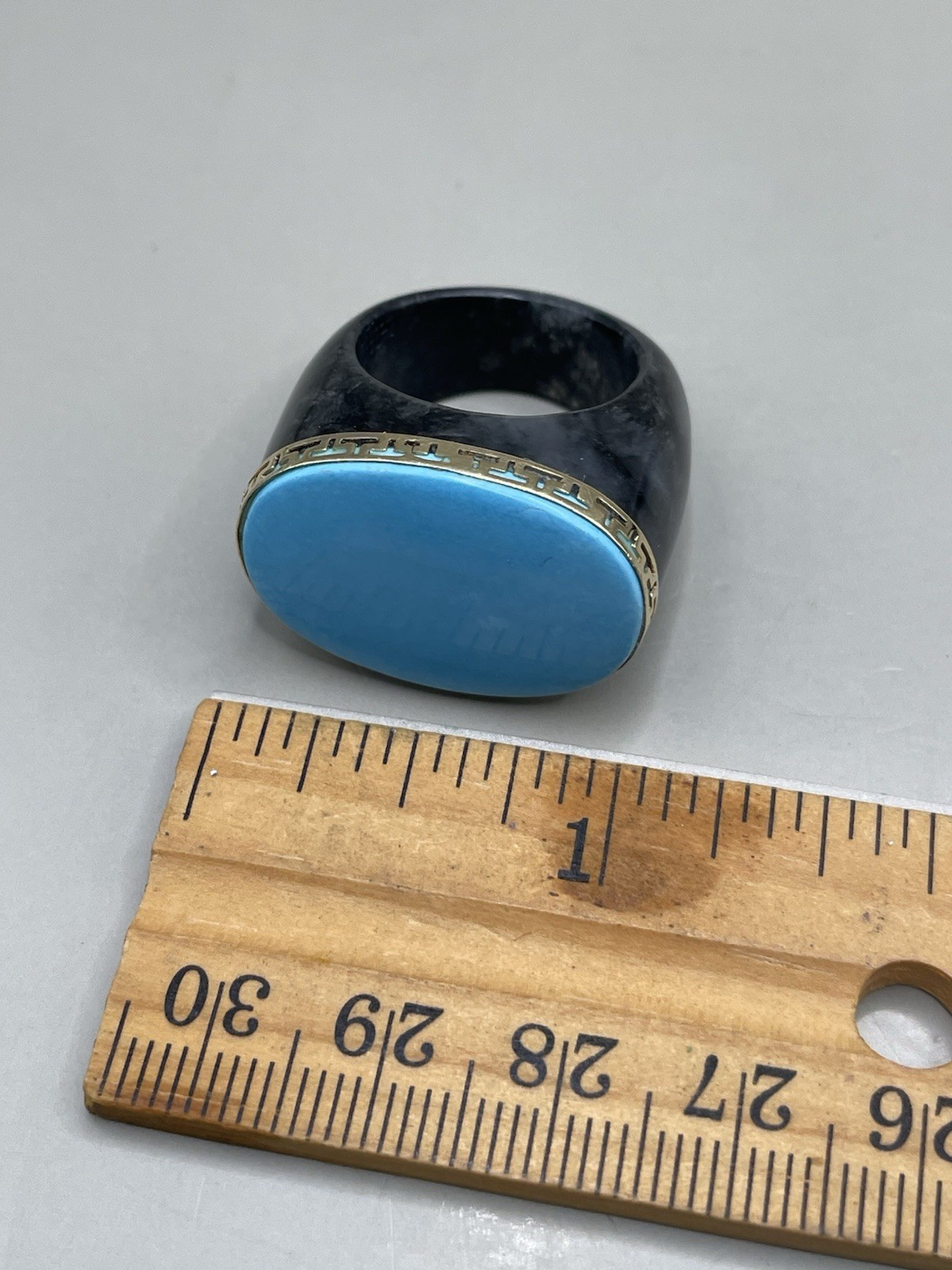 Vintage signed “GSJ” 14K Yellow Gold Black Onyx? Turquoise Statement 8 Ring