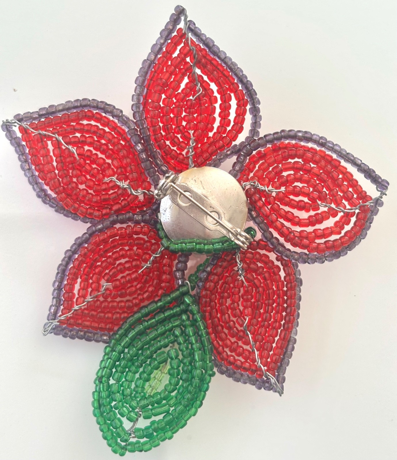 Sweet Hand Beaded Vintage Flower Brooch PIN with Green Leaf Details