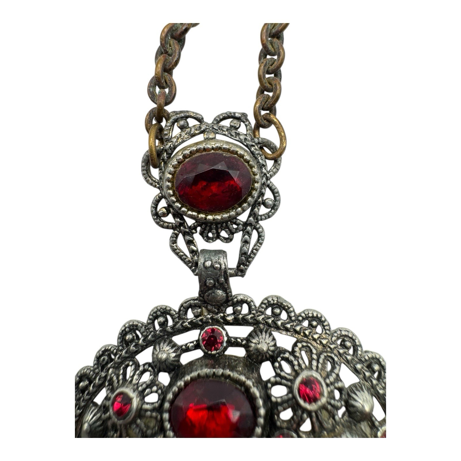 Vintage NE Glass Works Filigree Pendant Necklace – Red Glass Stones, Goblet Mark