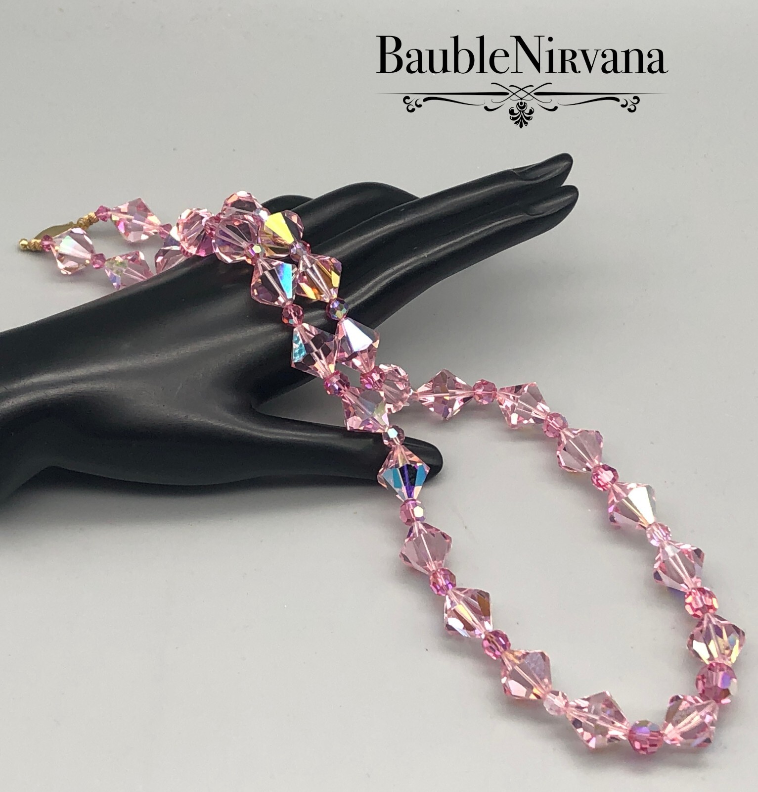 Vintage Brilliant Aurora Borealis Pink Austrian Crystal Beads Strand Necklace