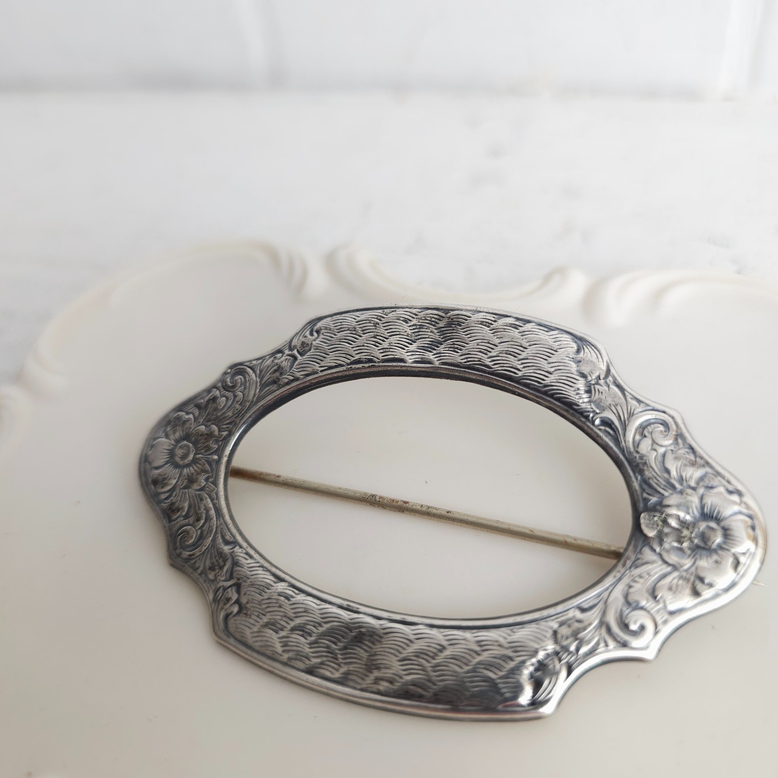 Vintage Antique Victorian Sterling Silver Top 925 Belt Buckle Brooch Pin C Clasp