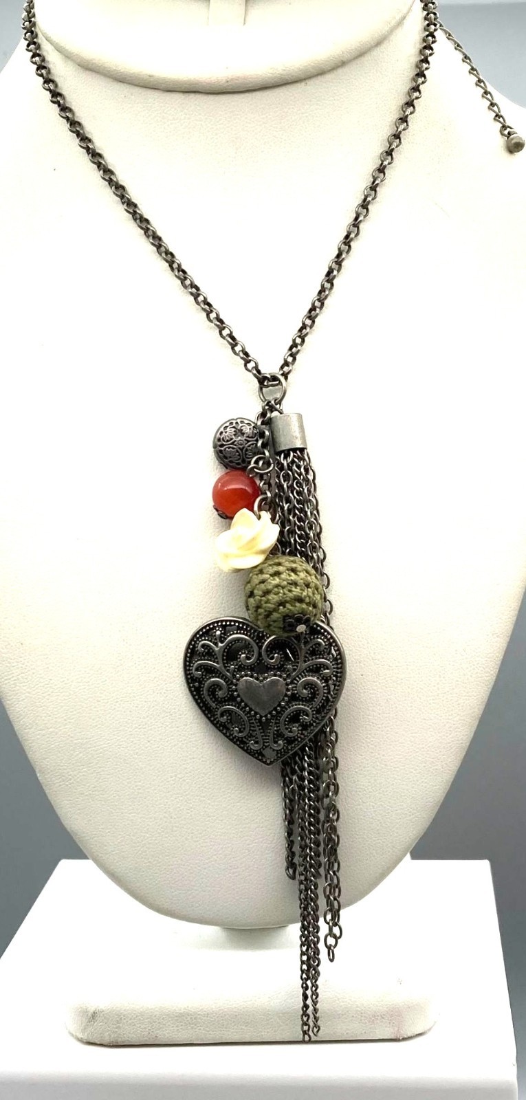 Vintage Hearts and Flowers Charm Pendant Necklace on Long Silver Tone Rolo Chain