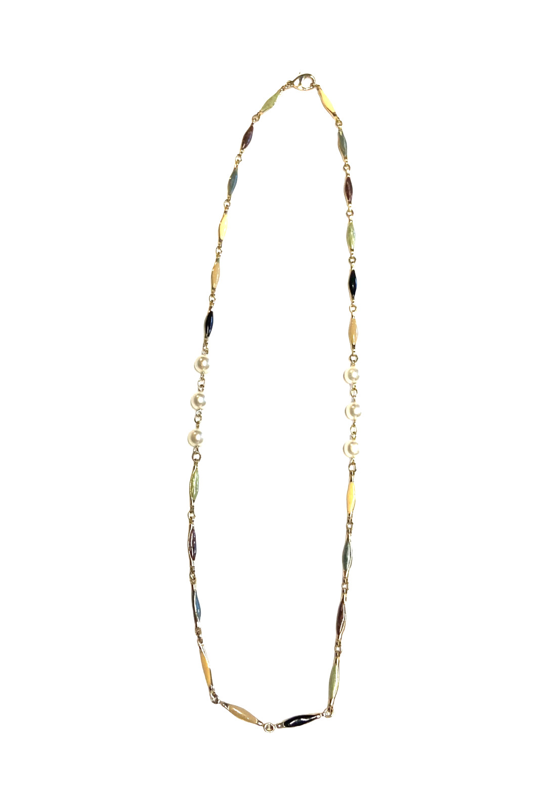 Vintage Gold Tone Multicolor Enamel Bar Link Elliptical Faux Pearl Necklace 25″