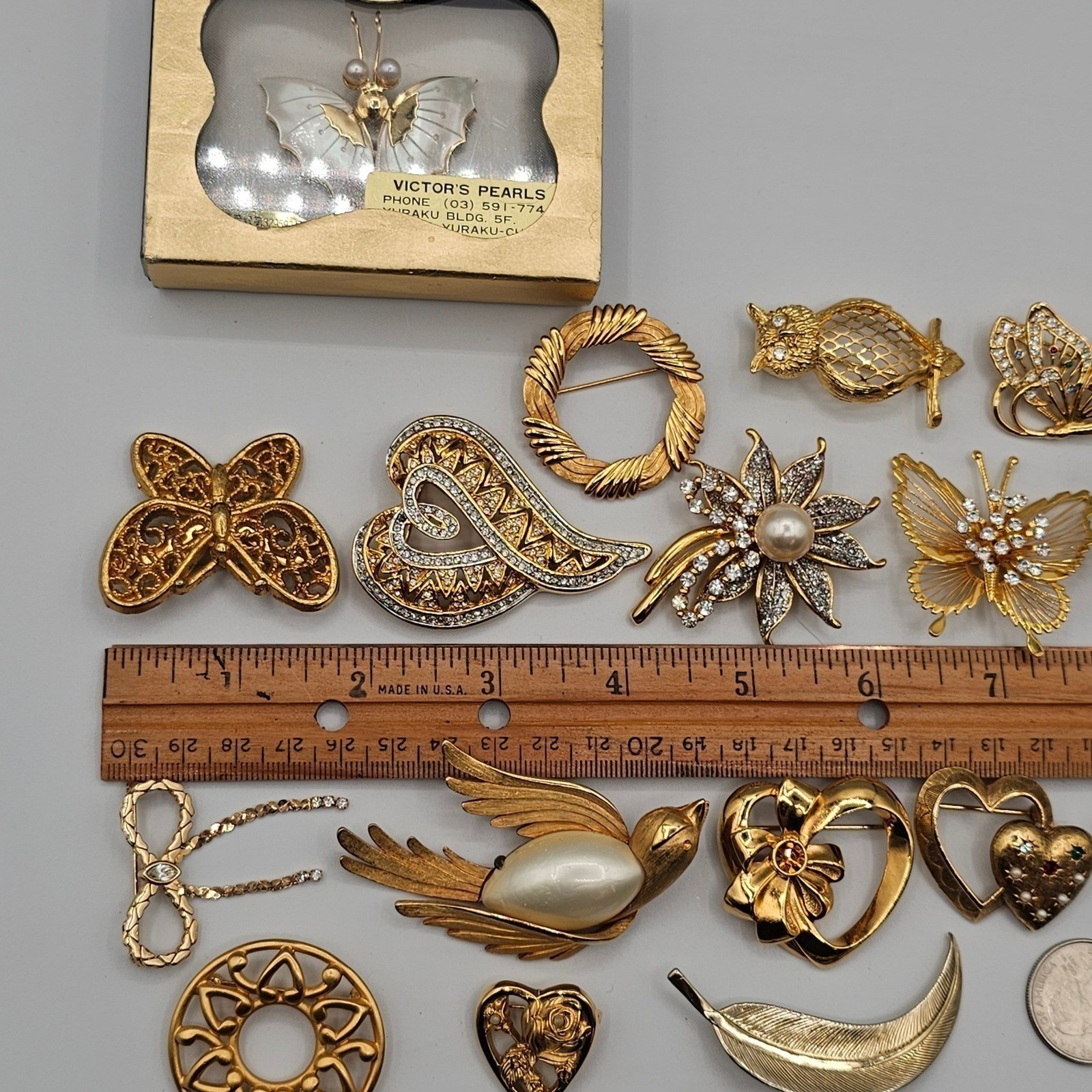 Vtg Gold Tone Brooch Lot Rhinestone Butterfly Floral Some Signed Avon Monet 20pc