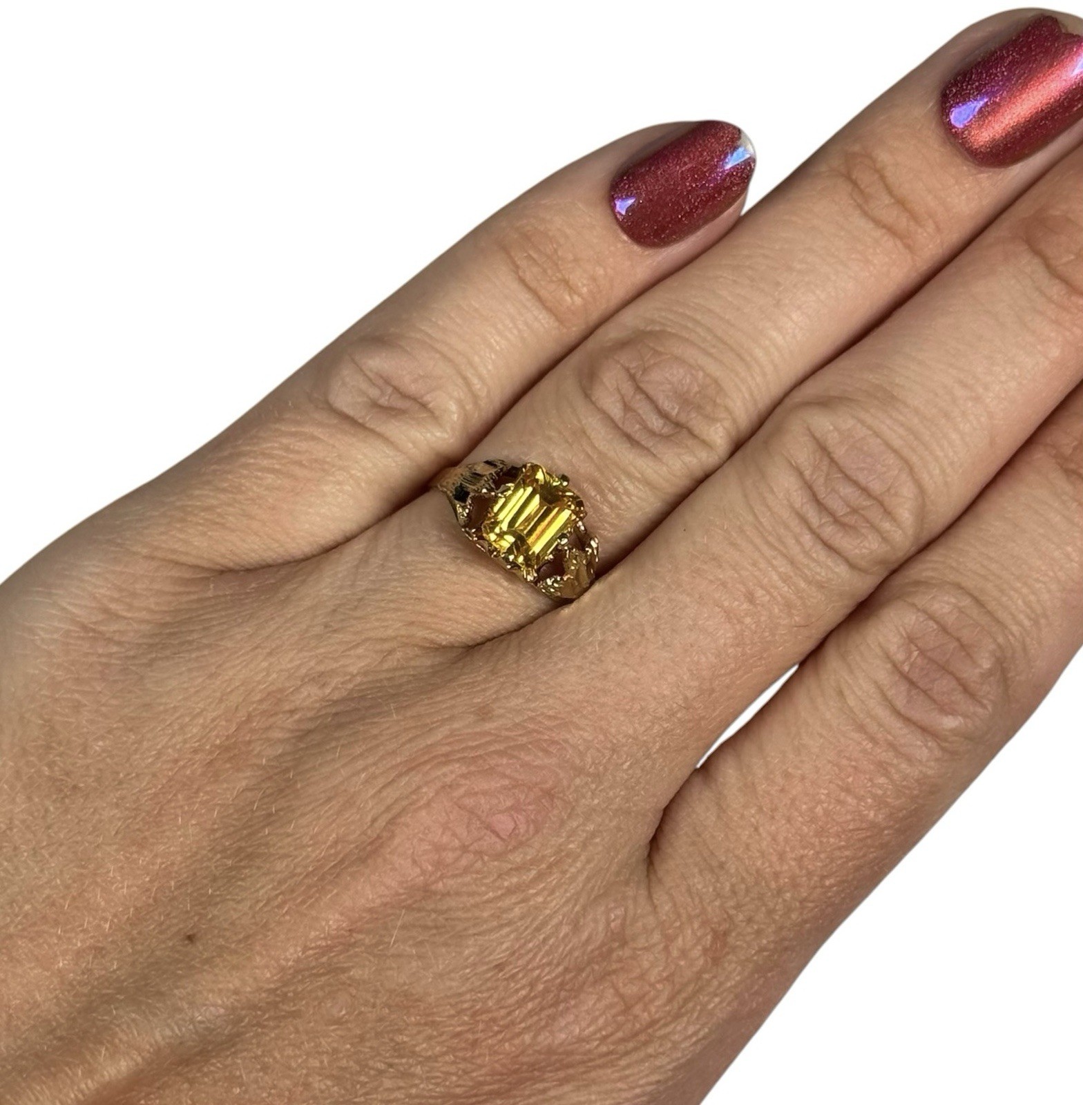 Vintage Art Deco Ring 10 K Yellow Gold & Emerald Cut Yellow Crystal CZ Sapphire