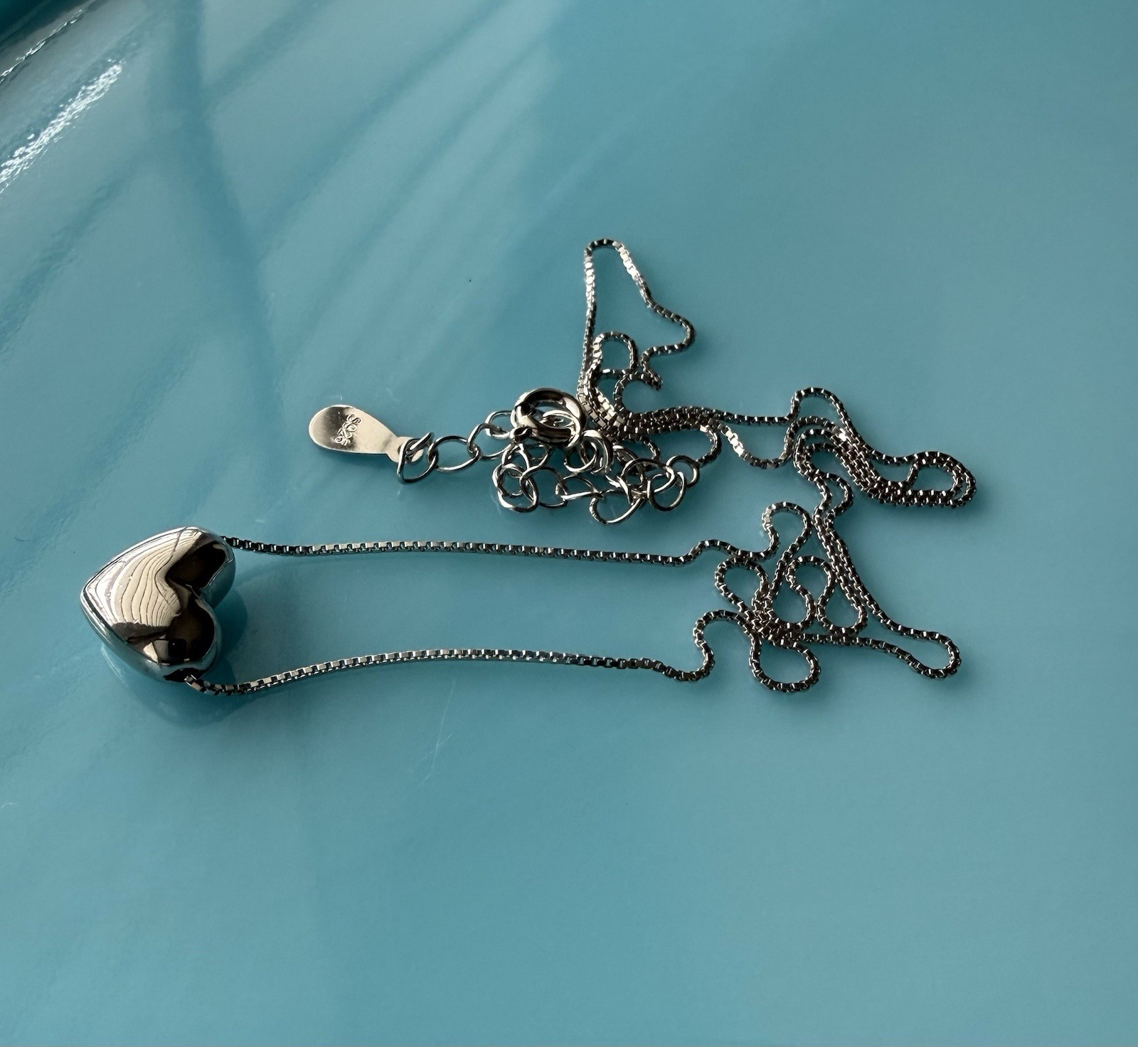 Sterling Silver 925 Puff Heart Slide Pendant Charm Chain 16” Necklace 2.2g