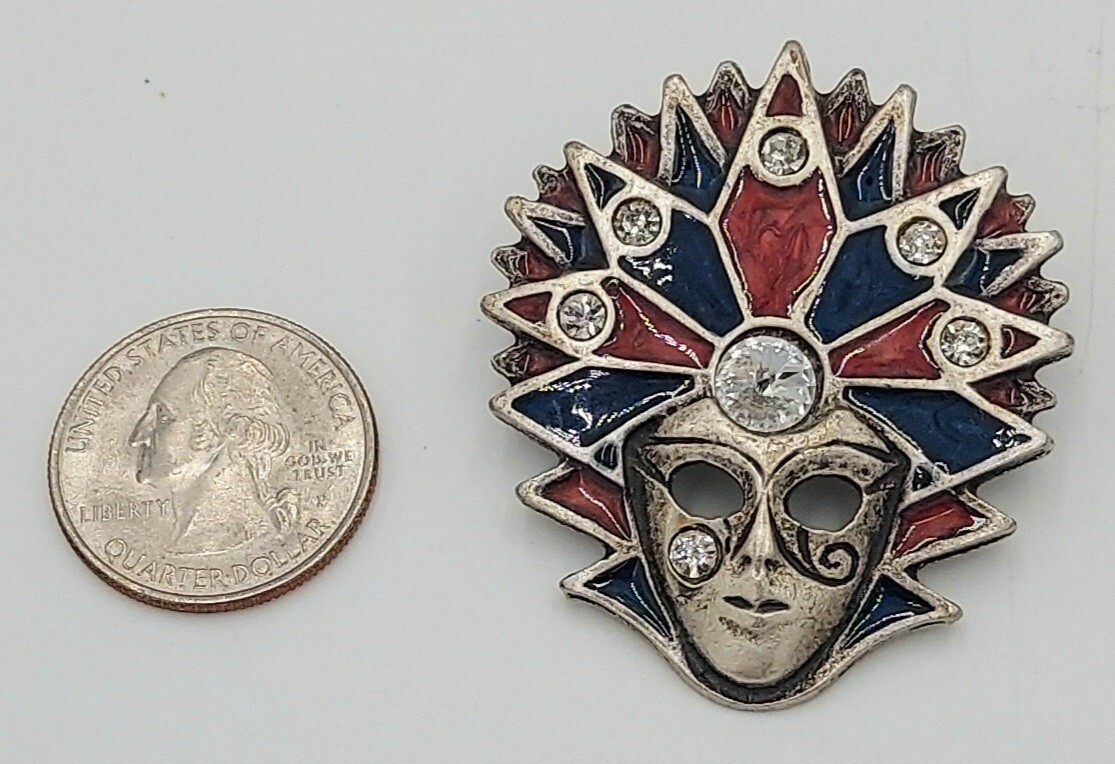 Venetian Mask Pendant Enamel Rhinestone Mardi Gras Jester Masquerade Carnivale