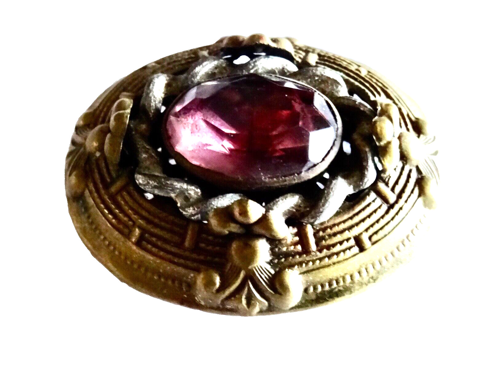 bROOCH ETRUSCAN REVIVAL PURPLE GLASS BRASS SILVER TONE VINTAGE JEWELRY neocurio
