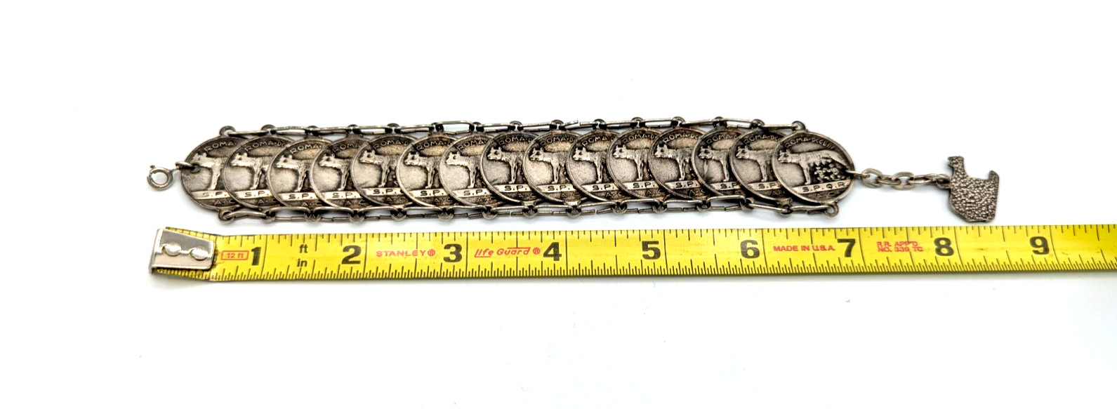 Roman Souvenir Silver link Coin Bracelet Rome Tourist SPQR Romulus & Remus 1960