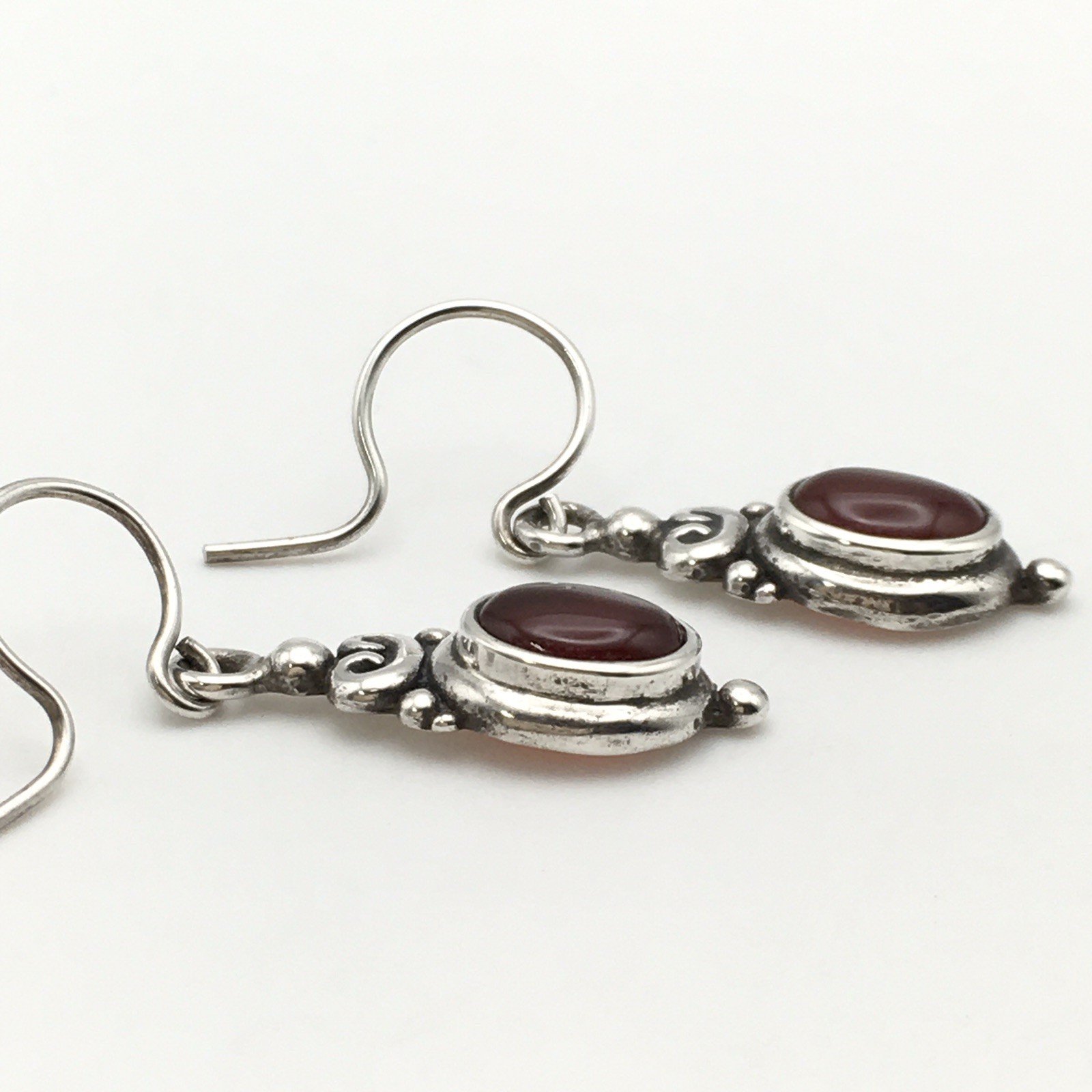 Vintage Sterling Silver Oval Red Orange Stone Hook Dangle Earrings 3.9g #65