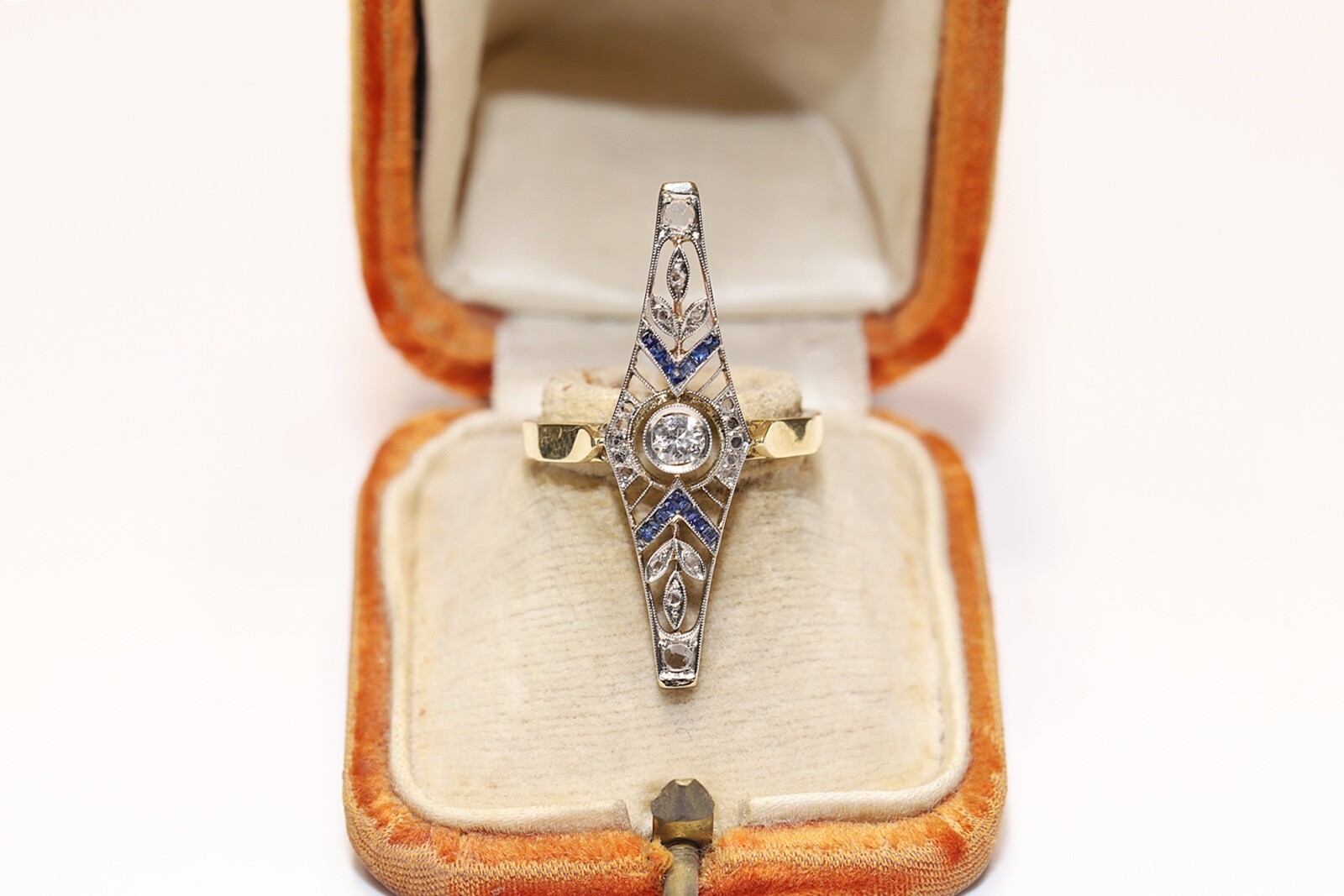 Antique Circa 1920s Art Deco 18k Gold Natural Diamond Sapphire Navette Ring